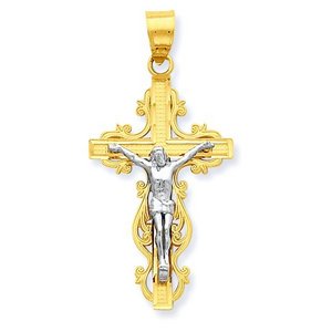 14K Two Tone Gold Narrow Crucifix Pendant