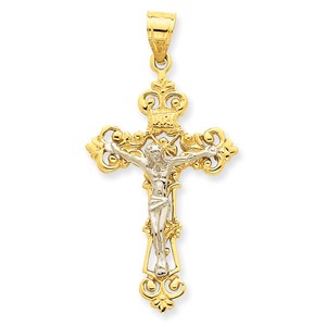 14k Two tone INRI Fleur De Lis Crucifix Pendant