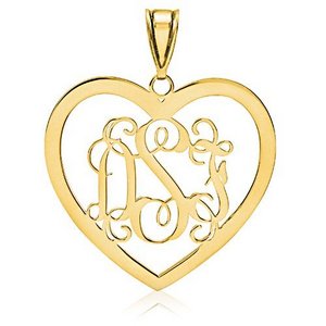 Heart Shaped Vine Script 3 Letter Monogram Cut Out Pendant
