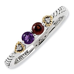 Sterling Silver   14k Two stone and Diamond Mother s Ring