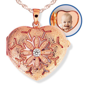 Rose Gold Heart Photo Locket with Cubic Zirconias with Chain Included