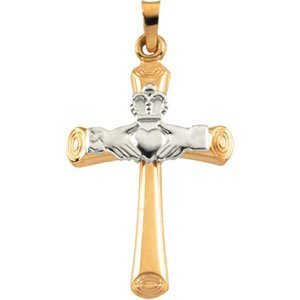 14K TWO TONE GOLD CLADDAGH CROSS PENDANT