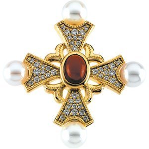 DIAMOND GENUINE GARNET CAB AND CULTURED PEARL CROS