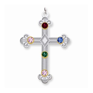 Sterling Silver 14k Bezel Crystal Family Cross Pendant