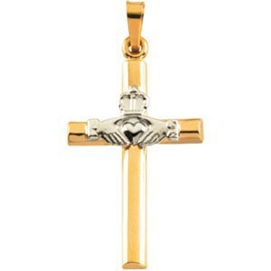 14K TWO TONE GOLD CLADDAGH CROSS PENDANT