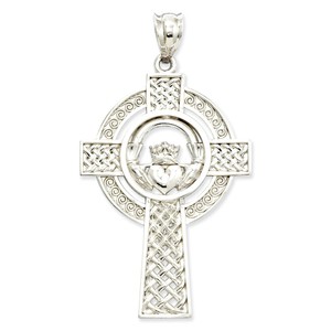 14k White Gold Celtic Claddagh Cross Pendant