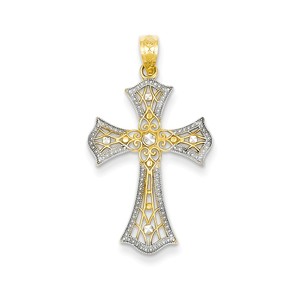 14k Rhodium Diamond cut Cross Pendant