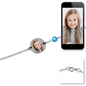 Round Photo Engraved Bracelet with Birthstone