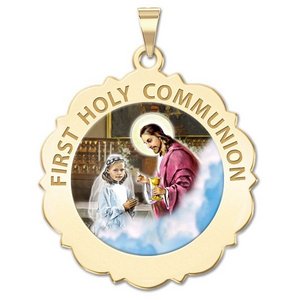 First Holy Communion Religious Medal Scalloped Round   Girl   Color EXCLUSIVE 