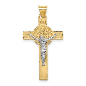 14k Two Tone St  Benedict Medal Crucifix Cross Pendant