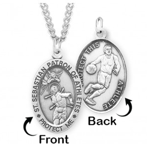 Sterling Silver Saint Sebastian Sided Basketball Oval Religious Medal w  Chain