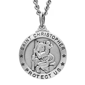 Antique Pewter Saint Christopher Medal w  24 inch Continuous Curb Chain