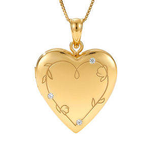 Floral Engraved Heart Locket with Diamond Accents