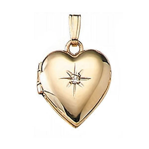 Solid 14K Yellow Gold Heart Locket with Diamond