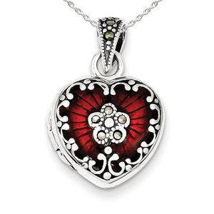 Red Enamel   Marcasite Heart Photo Locket