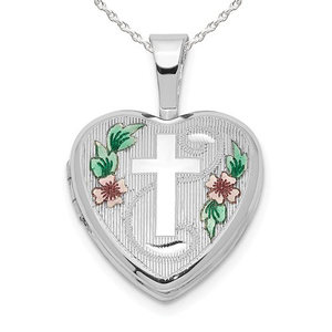 Cross with Enamel Flowers Heart Photo Locket