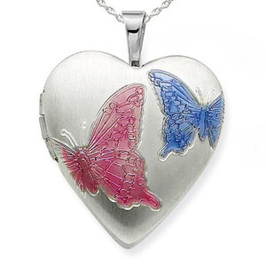 Enameled Butterfly Heart Photo Locket