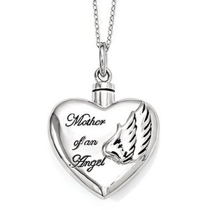 Enameled Mother of an Angel Heart Cremation Ash Holder w  18 Inch Chain