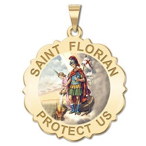 Saint Florian Scalloped Round Religious Medal   Color EXCLUSIVE 