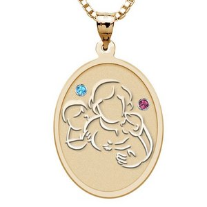 Mother with Son Daughter   Oval Pendant with Birthstones