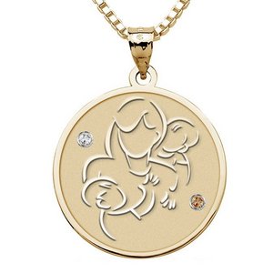 Mother with Two Sons   Round Pendant with Birthstones