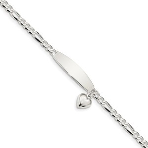 Sterling Silver Polished Figaro ID Heart Dangle Bracelet